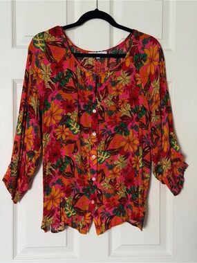Bright Pink Floral Button-Front Women’s Shirt Summer